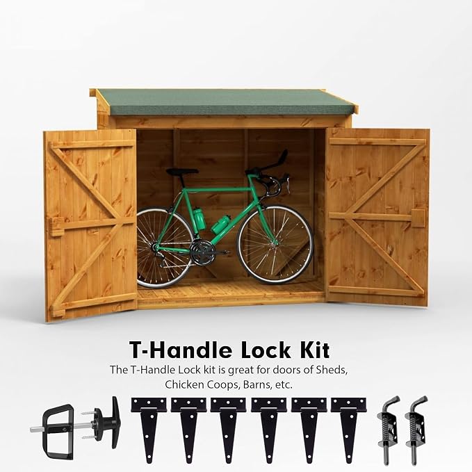 BTEOBFY Double Door Shed Hardware Kit -Includes Window and Door/Window Hinge Set, Complete with Hinges, Black Latches, and T-Handle Lock -, for Gates, playrooms