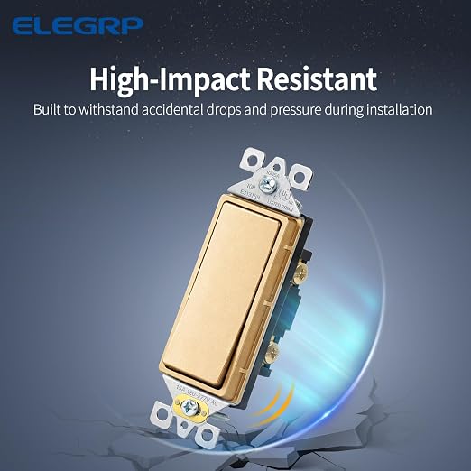 ELEGRP Matte Champagne Gold 3 Way Decorator Light Switch, 15A 120-277V, Paddle Rocker Switch Replacement, On/Off Wall Switch, Self-Grounding, Residential Grade, UL/CUL, 5 Pack