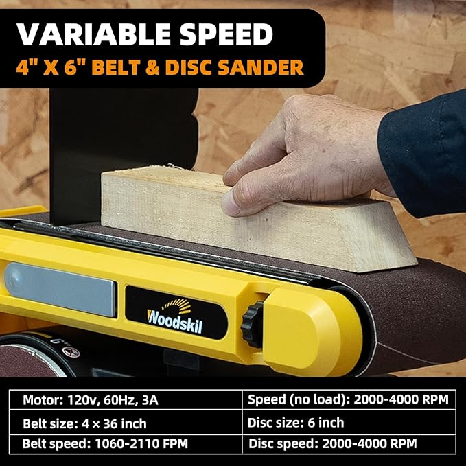 Woodskil Variable Speed Belt Disc Sander, 4 x 36 Inch Belt & 6 Inch Disc 3A Benchtop Sander Combo Machine, 2000-4000 RPM, 1060-2110 FPM for Woodworking, DIY
