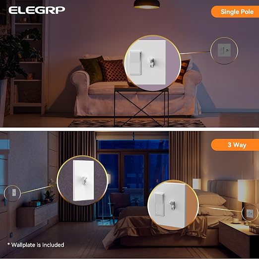 ELEGRP Digital Dimmer Switch for LED/CFL, Toggle Dimmer Switch with Decorative Frameless Design Wallplate, Single Pole/3-Way, UL Listed, 6 Pack, White