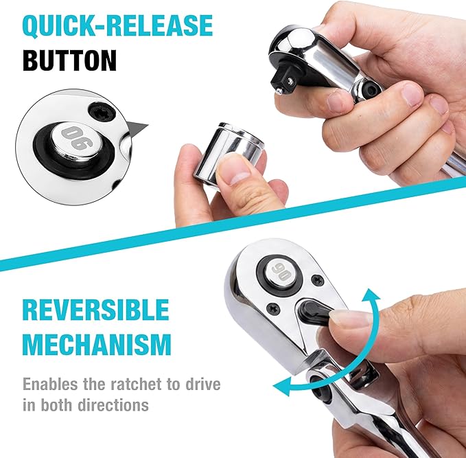 DURATECH 3/8-Inch Flex-Head Ratchet, 90-Tooth Quick-Release Ratchet Wrench | Socket Wrench with 180° Pivoting Head and 7-Position Setting, Reversible, CR-V Made, CR-MO Head, 4° Swing, Full Polished