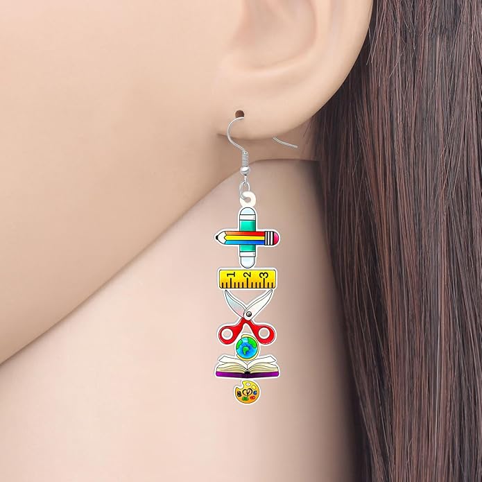 Teacher's Day Acrylic Pencil Ruler Protractor Earrings Double Sided Printing Crayon Scissors Dangle Fashion Jewelry For Women Teachers Charms Gifts
