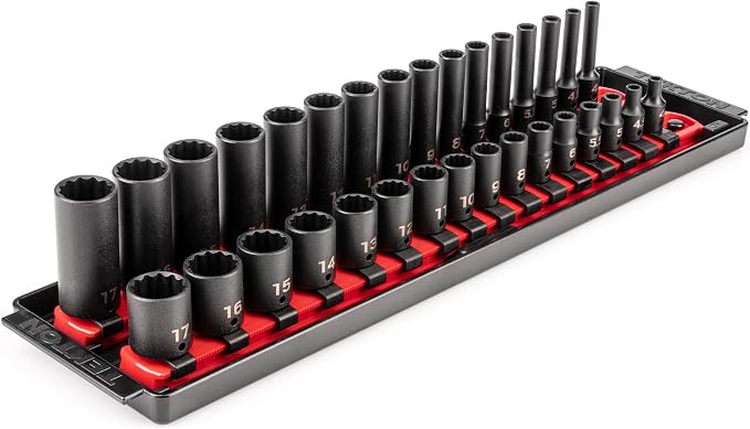 TEKTON 1/4 Inch Drive Impact Socket Set, 32-Piece | SID90204 | (4 - 17 mm), Shallow and Deep, 12-Point, Socket Rail