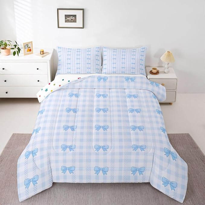 Feelyou Blue Grid Bowknot Bedding Set Soft for Boys Girls, Bow Checkered Comforter Set Queen Size Princess Duvet Quilt Microfiber Bedroom Decor 3 Pcs with 2 Pillow Cases
