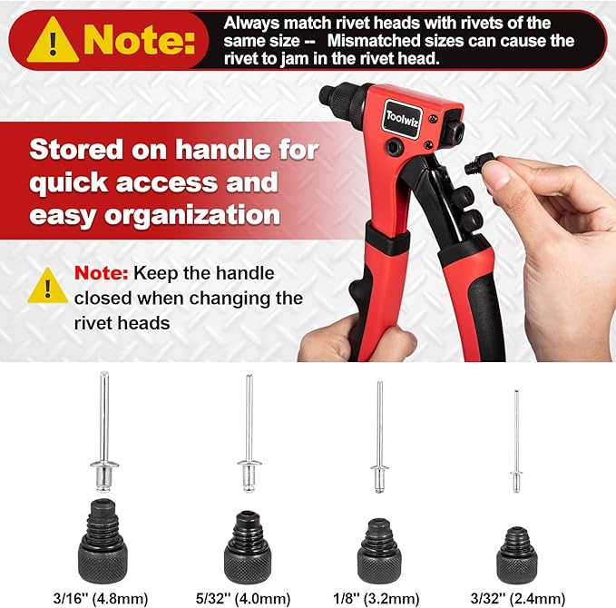 Toolwiz Rivet Gun One-Handed Rivet Gun Kit with 200pcs Rivets, 4pcs Tool-Free Interchangeable Heads and 4pcs Drill Bits - Heavy Duty Hand Riveter for Metal, Wood, Plastic, Leather, Fabric