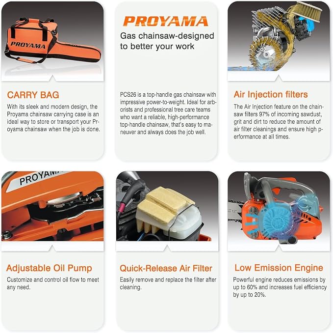 PROYAMA 26CC 2-Cycle Top Handle Gas Powered Small Chainsaw 12 Inch Petrol Handheld Cordless Chain Saw for Tree Wood Cutting with 2 chains(12inch)