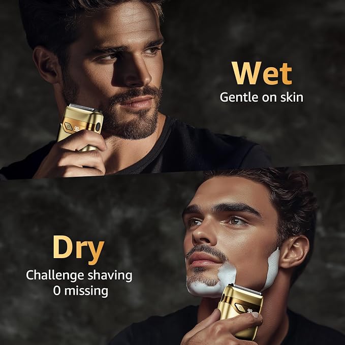 Electric Foil Shavers for Men, Mini Electric Razor, Compact Face Shaver, IPX7 Waterproof Wet Dry Cordless Razor, LED Display, USB-C, Travel-Friendly, Light Gold，Father's Day Gifts