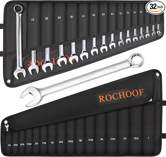 Combination Wrench Set,32-Piece Chrome Vanadium Steel Wrench Set 12-Point SAE & Metric Wrenches 1/4"-1" and 7-22mm with Rolling Pouch