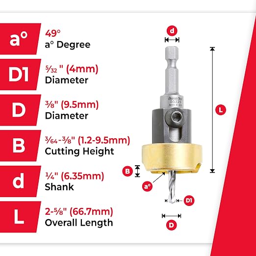 Amana Tool 82 Degree Countersink with Drill Bit Depth Stop and No-Thrust Ball Bearing, 55229, 3/8 D x 5/32 Drill D x 1/4 Inch Quick Release Hex Shank