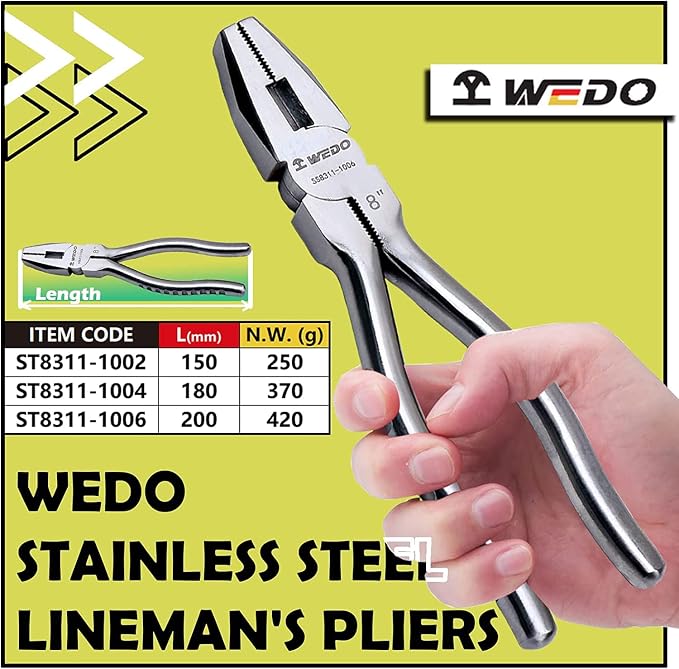 WEDO 7" Stainless Steel Lineman's Pliers,Side Cutting Pliers,Combination Pliers, Side Cutter, Wire Stripper, Crimper, Cut ACSR, Screws, Nails, Hard Wire, Corrosion Resistant