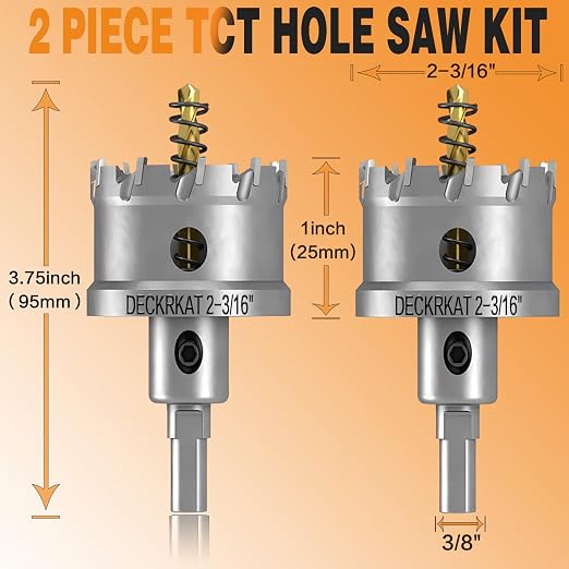 2-Pack 2-3/16" TCT Hole Saws for Hard Metal, Heavy Duty 55mm Tungsten Carbide Tipped Hole Cutters Set with Spring-Loaded Pilot Drill Bits for Stainless Steel, Metal, Iron, and Plastic.