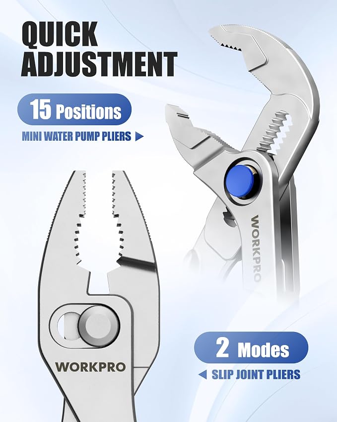 WORKPRO 2-Piece Mini Pliers Set with Pouch, 4-Inch Slip Joint Plier & Water Pump Plier, Heavy-Duty Alloy Steel Adjustable Plier with Anti-Rust Coating, Pocket Pliers for Tight Spaces & Versatile Use