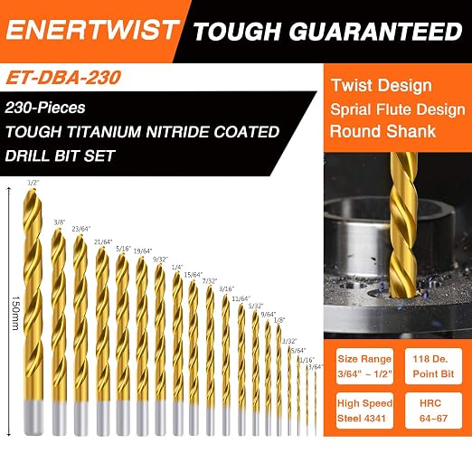 ENERTWIST Titanium Drill Bit Kit Set for Metal and Wood 230-Piece - Anti-Walking 135 Deg Tip Coated HSS from 3/64inch up to 1/2 Inch, ET-DBA-230B