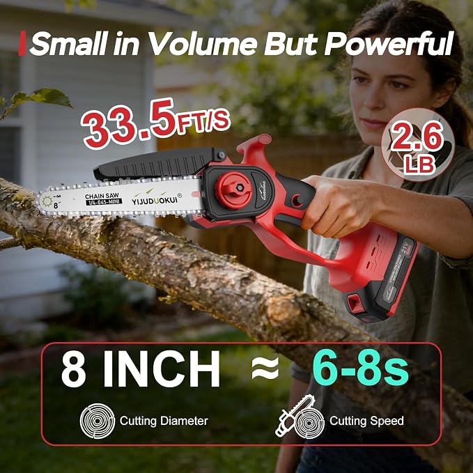 8" Brushless Mini Chainsaw with 2 Batteries | 8 Inch Cutting Bar Brushless Motor 2 Batteries Included Tool-Free Chain Tensioning Safety Lock and Guard
