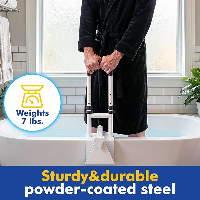 Adjustable Bathtub Safety Rail,Bathroom Grab Bar for Elderly&Seniors,Fall Prevention Assist Handle with Tool-Free Stallation,Knob-Clamp Design,250lbs Capacity,White