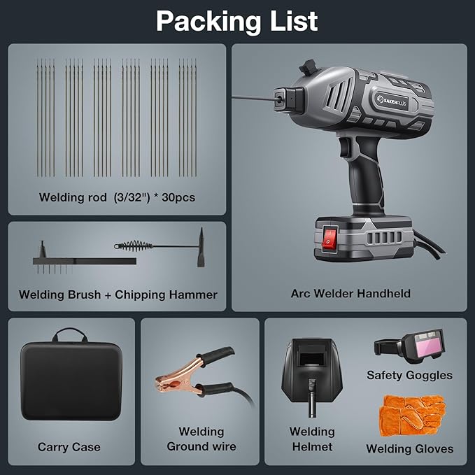 Sakerplus Portable Welding Machine, Handheld Welder Machine 110V, ARC Portable Welder with IGBT Inverter 5 Variable Current Adjustment, 30pcs 3/32" Wire Rods, Welding Helmet, Carrying Case Included