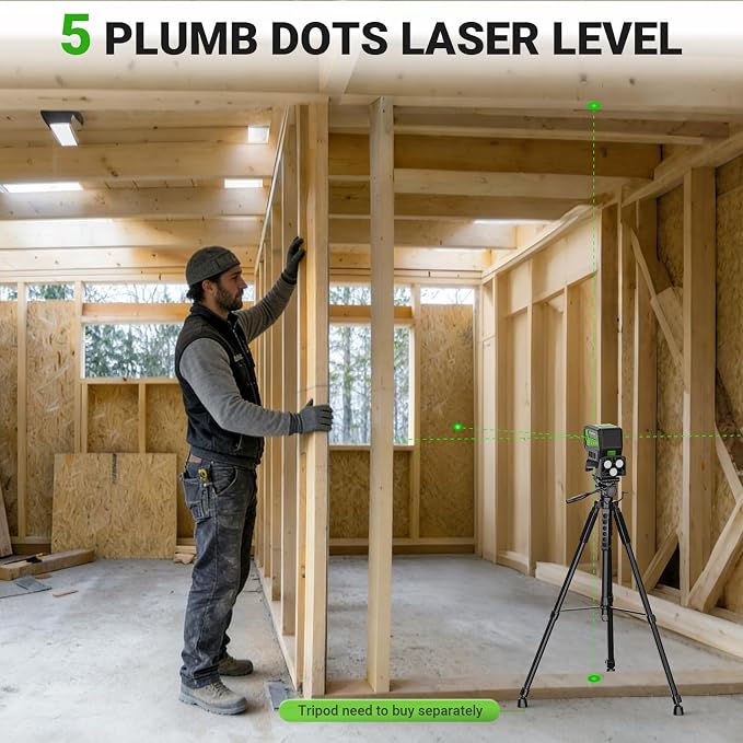 HUEPAR 5 Point Self Leveling Laser Alignment Tool with Plus Mode (98-165Ft), Laser Plumb Dots Level with 360° Magnetic Base Includes 2 AA Batteries & Hard Carrying Case - PL500G