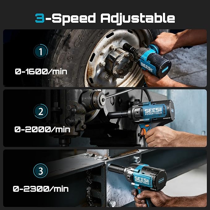 SEESII Upgraded Impact Wrench 1180 Ft-lbs (1600 N·m): 1/2" High-Torque Impact Gun with Detachable Side Handle, 21V Cordless Impact Driver 2x 4.0Ah Batteries for Car/Pickup Truck/Mower/Industrial Tasks