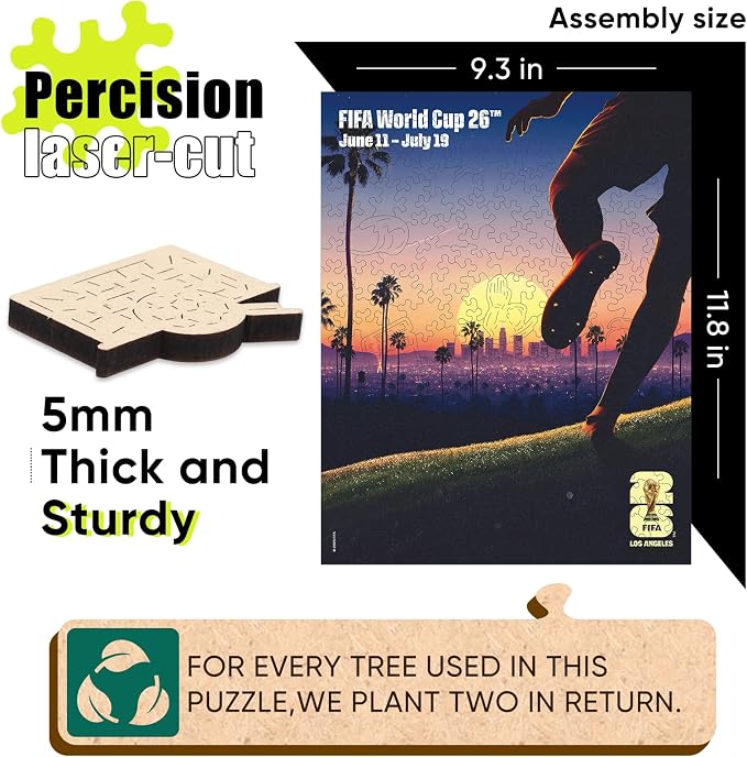 FIFA World Cup 2026 City Puzzle Los Angeles Poster - Wooden Puzzle for Adult, 200 Pieces Unique Shape Puzzle, 5MM Thick, Creative Collectible Gift for Fans, Officially Licensed Product, 9.3x11.8''