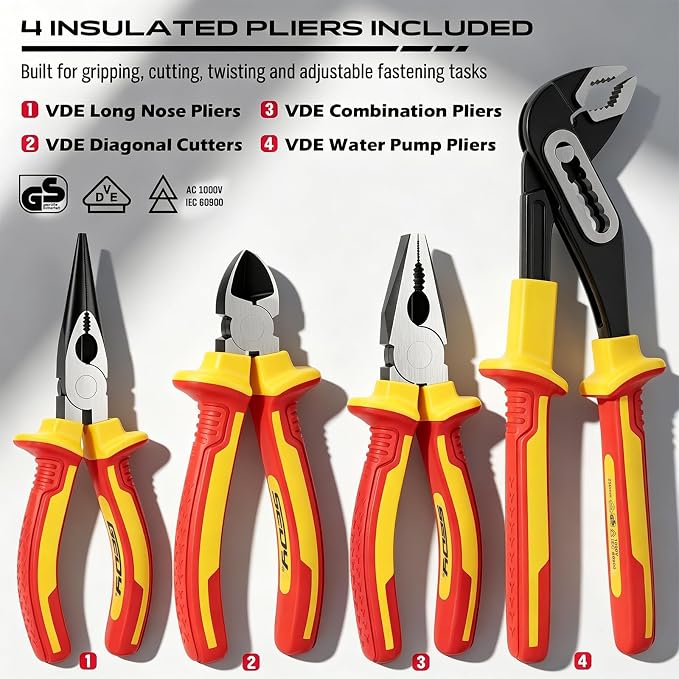 18-Piece Insulated Electrician Tool Set, VDE 1000V Insulated Screwdrivers, Voltage Tester, Long Nose, Diagonal Cutting and Water Pump Pliers for Electrical Work, Home Repair and Maintenance