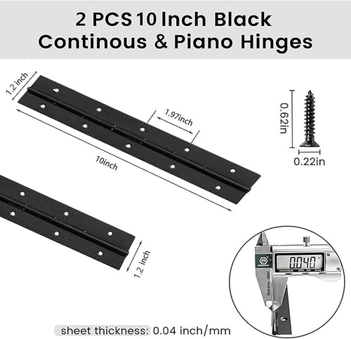 10 Inch Heavy Duty Continuous Piano Hinges, Black Stainless Steel 0.05" Thick 1.2" Open Width Folding Furniture Hinges with Screws for Cabinet Door Box DIY Projects (2 Pack)