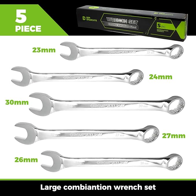 Der Erwachte 5Pc Metric Wrench Set, Large wrench set | 23mm,24mm,26mm,27mm,30mm, long big open end combination wrenches, roll-up storage pouch