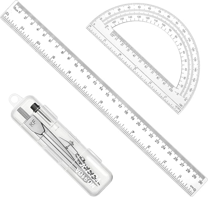 Compass and Protractor Set, 3 PCS Plastic Ruler 12 Inch Clear Ruler for Drawing Transparent Drawing Measuring Rulers Compass Geometry Tool for Math Drafting Art Home Office Drawings