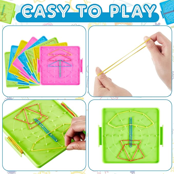 Deekin 12 Pcs Double Sided Geoboard Mathematical Kids Geoboards with Rubber Bands Math Manipulatives Toy for Geometry, 6.9 x 6.3 Inches Classroom Back to School