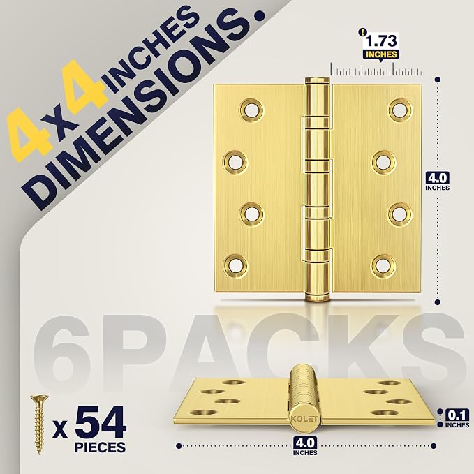KOLET Ball Bearing Gold Door Hinges, 4 x 4 Inches Square Door Hinges Satin Gold, Square Corner, Stainless Steel Hinges, Heavy Duty, Smooth and Non Removable Pin, 6 Pack