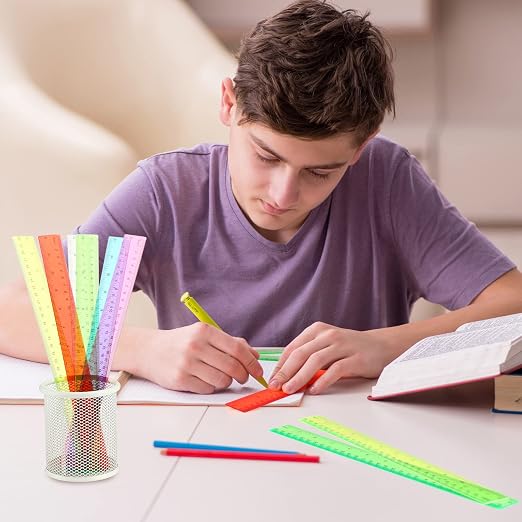 Fumete 300 Pack 12 Inch Plastic Rulers Bulk for Classroom Supplies Flexible Transparent Assorted Color Ruler with Centimeters and Inches for Office Teacher Student