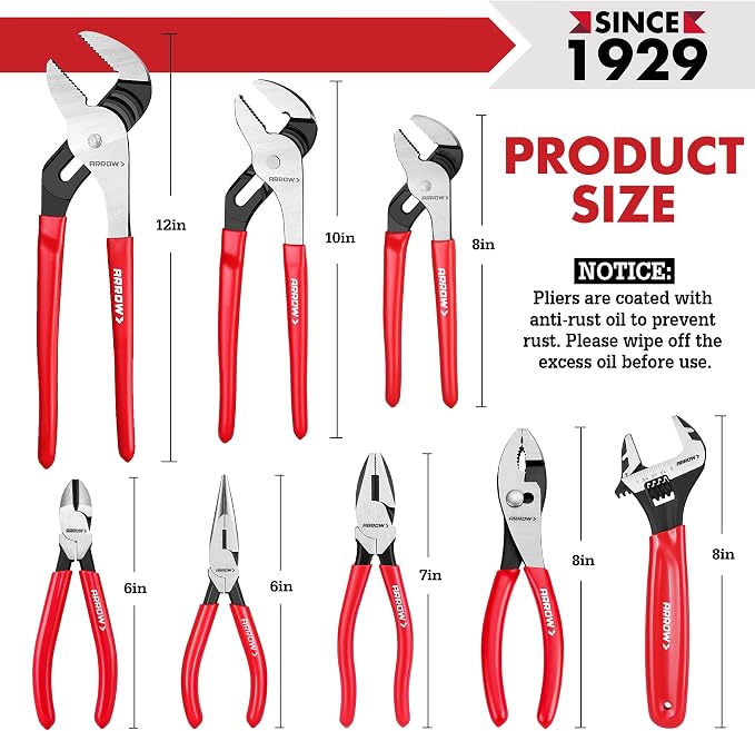 ARROW 8PCS Pliers & Wrench Set, Portable Rolling Bag With Handle | 6" Needle Nose Pliers, 6" Diagonal, 7" Linesman, 8" Slip Joint, 8" & 10" & 12" Groove Joint and CRV 8" Adjustable Wrench