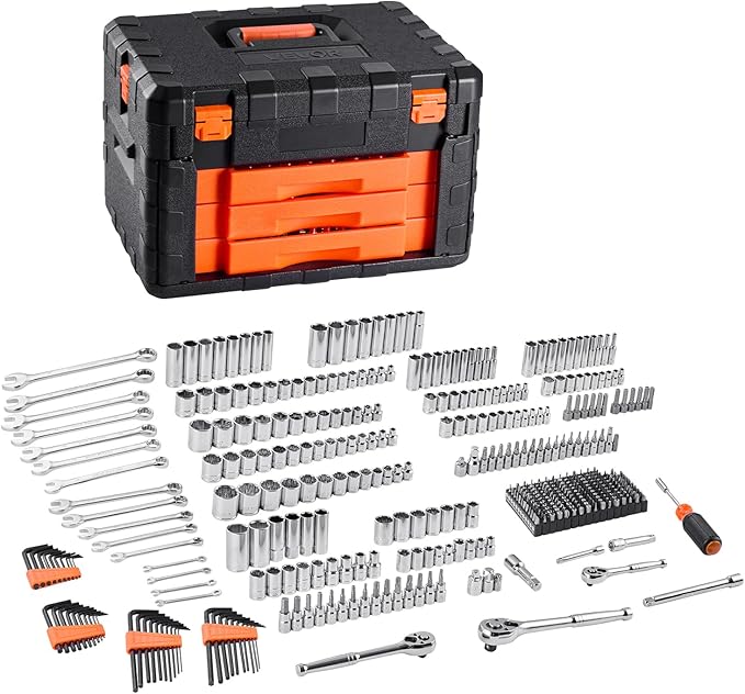 VEVOR Mechanics Tool Set and Socket Set, 450 Pcs, 1/4, 3/8 and 1/2 inch Drive Deep and Standard Sockets, SAE Metric Mechanic Tool Kit with Bits, Wrenches, Accessories, Storage Case with Orange Drawer