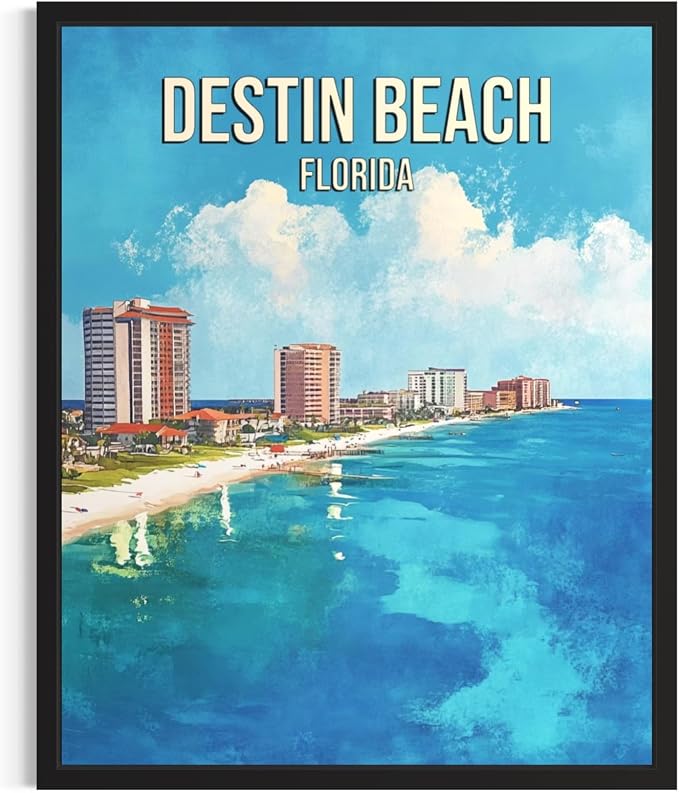 Destin Beach Florida Wall Art Print Poster, US Vintage Retro Beach Scenery Posters Prints for Restroom Home Picture Painting Artwork Gallery 219 (Destin Beach Florida, 16 x 20 inches, Black Frame)