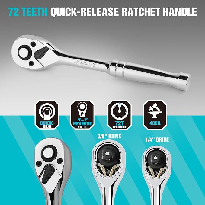 DURATECH 121-Piece Mechanics Tool Kits with Carrying Tool Box | Include SAE/Metric Sockets Set, 72-Tooth Drive Ratchet, 40-in-1 Magnetic Screwdriver, and Hex Keys for Auto Repair