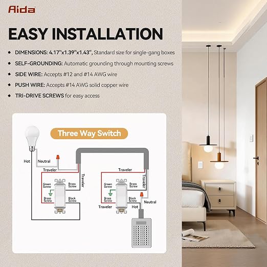 AIDA 4 Pack 3 Way Rocker Decora Light Switch, 15 Amp Self-grounding Electrical Light Switches, Residential Grade, UL Listed, Matte White