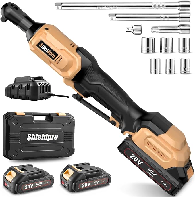 20V Electric Ratchet Wrench Set, 3/8" Cordless Ratchet Kit 400RPM, Torque Ratchets, LED Light, 2 Batteries, Fast Charger, Sockets, Adapters, Extension Bars (Yellow)