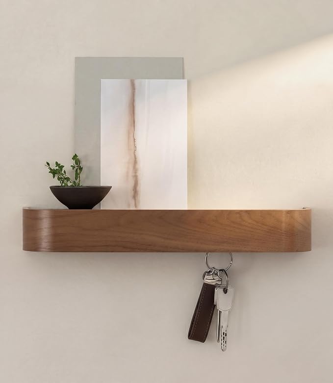 Kazai. Key Holder 'Toke' | Minimalist Key Hook Design from Berlin | Modern Key Holder Wall Mount with Wooden Shelf | Key Rack for Wall as Entryway Organizer | Walnut