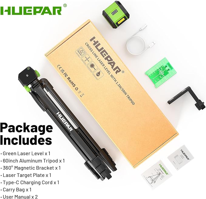 Laser Level with 60 Inch Tripod, Fathers Day Dad Gifts, Huepar 100Ft Self Leveling Laser Level Rechargeable Green Cross Line Lazer Leveler Tool for Picture Hanging, Magnetic Bracket & Target Plate
