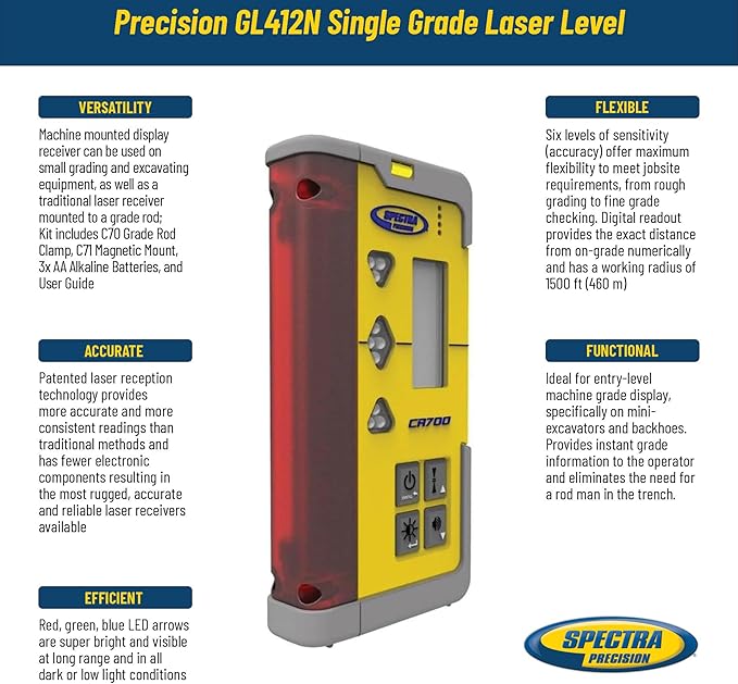 Spectra Precision CR700 Combination Laser Receiver with C70 Rod Clamp, C71 Magnetic Mount, Alkaline Batteries, Patented Reception Technology