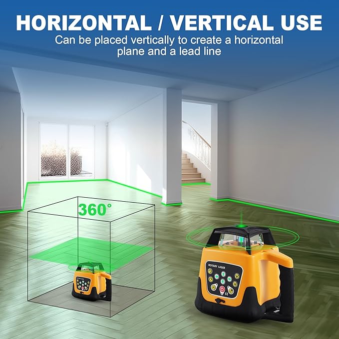 Rotary Laser Level Kit, 360 Degree Automatic Self Leveling Green Beam Horizontal Laser Transit, 500m Working Range for Construction, Building, Surveying
