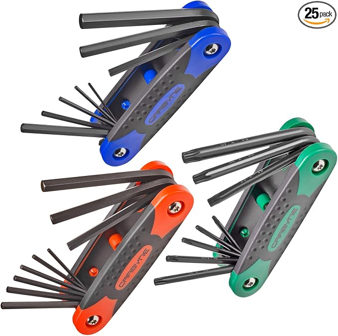 Carbyne 25-Piece Folding Hex (Allen) Key and Torx Wrench Set, SAE/Metric/Torx, S2 Steel, Manganese Phosphate Finish, Metric Hex 1.5-8mm, SAE Hex 5/64"-1/4", Torx T9-T40
