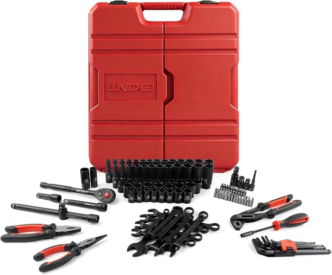 LLNDEI 112Pcs Mechanics Tool Set, 1/2" Drive Ratchet Wrench Tool Set | SAE and Metric, 6&12-Point Sockets Set with Bits, Combination Wrench universal joint adapter, with Storage Case