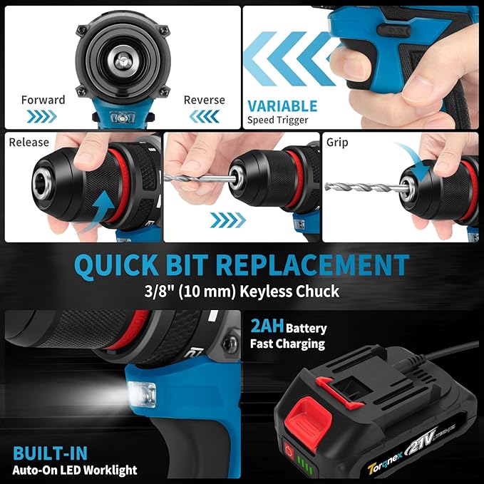 20V Brushless Cordless Drill Driver, 2×2.0Ah Batteries Fast Charger, 119PCS Power Drill Set for Home Renovation Gardening DIY Household Repair
