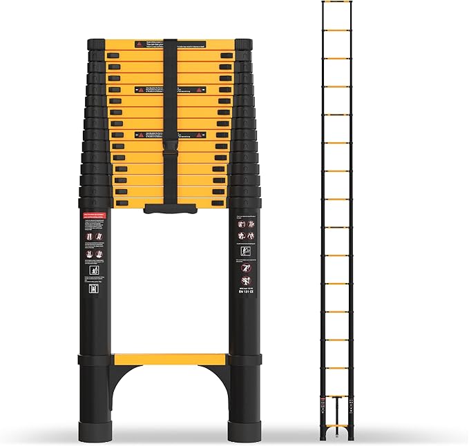 SINMEIRUN 20.3 FT Telescoping Ladder, Aluminum Extension Ladder, 330 lbs Load Capacity, Multi-Purpose Collapsible Ladder for Home and Work; Yellow