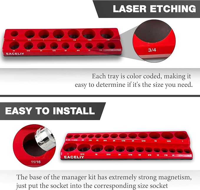 EACELIY Magnetic Socket Organizer Set,SAE Socket Holder Kit, Socket Trays，holds 68 Deep and Shallow 3/8" Sockets(sockets not included) 丨3PC 1/2",1/4" and 3/8"（Red）