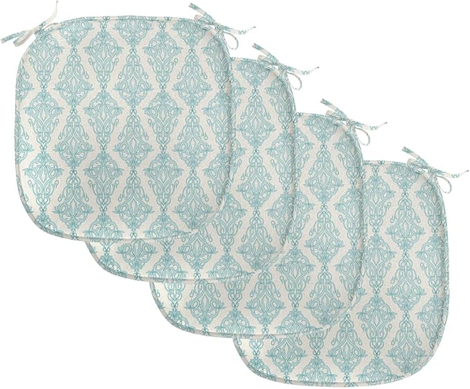 Lunarable Damask Blue Chair Seating Cushion Set of 4, Vintage Antique Pattern with Classic Victorian Motif, Anti-Slip Seat Padding for Kitchen & Patio, 16"x16", Eggshell Pale Cadet Blue