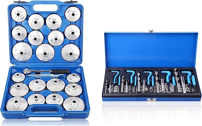 DAYUAN 23pcs Aluminum Alloy Cup Type Oil Filter Cap Wrench Socket Removal Tool Set Bundle with 131PC SAE Thread Repair Kit