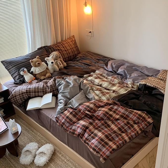Sedefen Brown Gingham Duvet Cover 3 Pcs Queen Size Dark Brown Plaid Bedding Set Kids Boys Girls Coffee Vintage Checked Soft Microfiber Breathable Duvet Cover Set with 2 Pillowcases