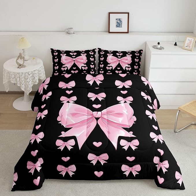 Feelyou Cute Black Pink Bowknot Kids Comforter Set Queen Size Love Hearts Bow Bedding Set Girly Bow Tie Duvet Quilt for Kids Boys Girls Bedroom Decor Microfiber Ultra Soft Breathable
