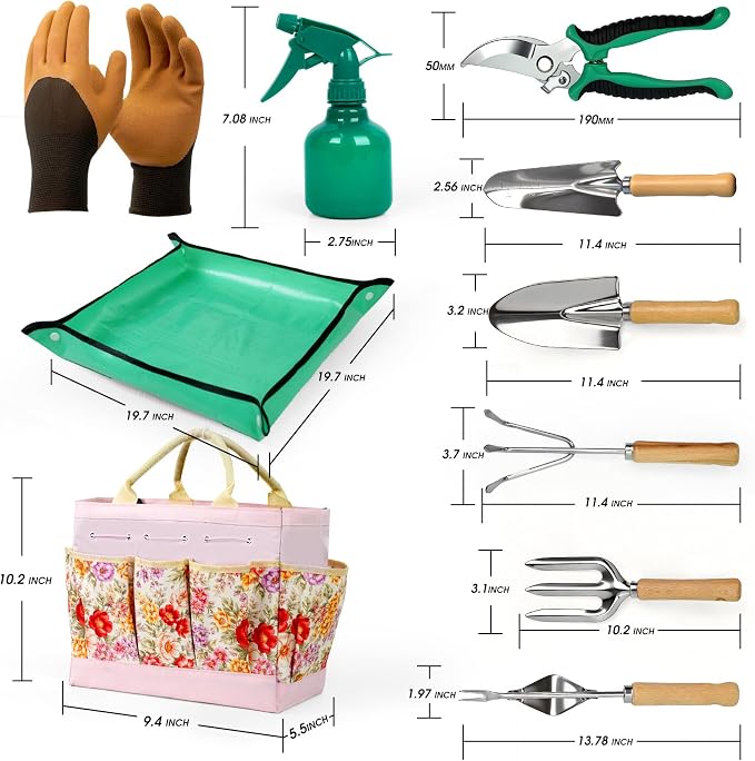 Garden Tool Set, 10 PCS Gardening Essentials, Stainless Steel Garden Hand Tools with Tote Bag, Well-Designed Gardening Supplies Kit Gifts for Women Men Gardeners
